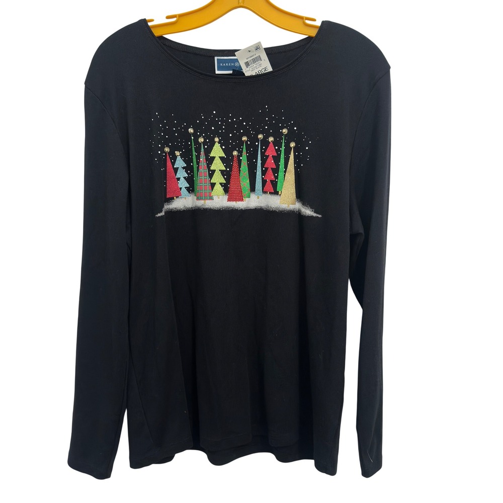 Karen Scott Christmas Tree Top Womens XL Black Long Sleeve Knit NWT Holiday